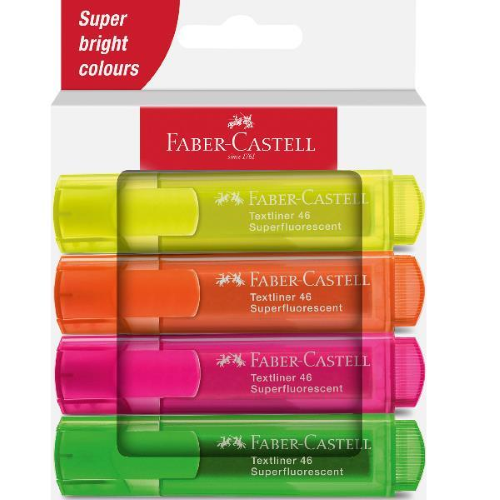 FABER CASTELL TEXTLINER 46 SUPERFLUO EVIDENZIATORE PUNTA A SCALPELLO 1/5 mm COLORI ASSORTITI CONF 4 Pz.